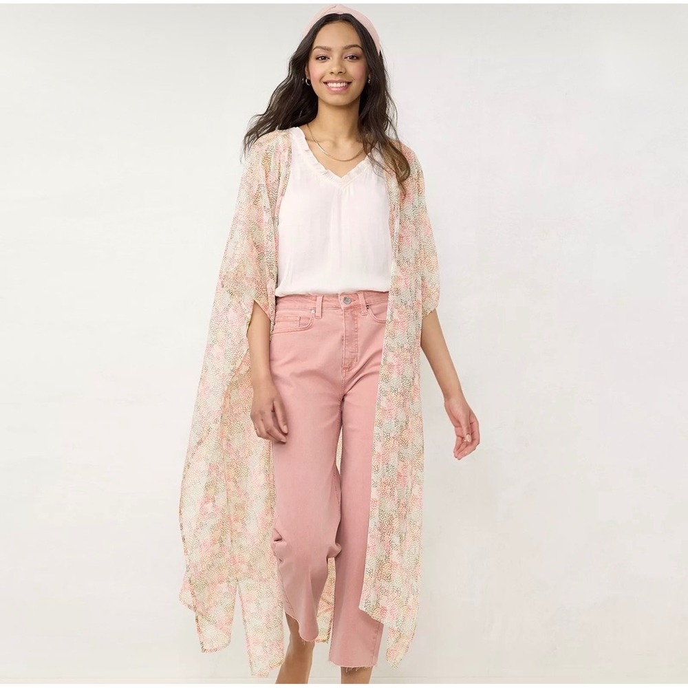 LC Lauren Conrad Sheer Duster Kimono Cover Up One Size‎ Pink Floral Beach Summer